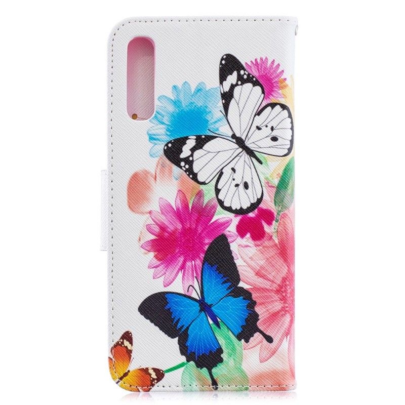 Flip Cover Læder Samsung Galaxy A70 Magenta Malede Sommerfugle Og Blomster