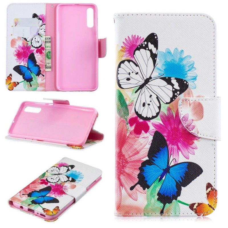 Flip Cover Læder Samsung Galaxy A70 Magenta Malede Sommerfugle Og Blomster