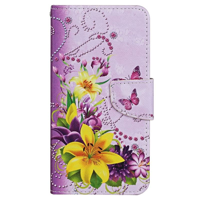 Flip Cover Xiaomi 12T / 12T Pro Blomstersommerfugle Med Snor