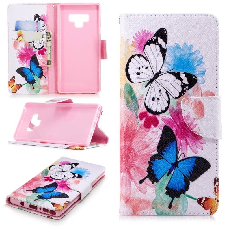 Flip Cover Læder Samsung Galaxy Note 9 Pink Malede Sommerfugle Og Blomster