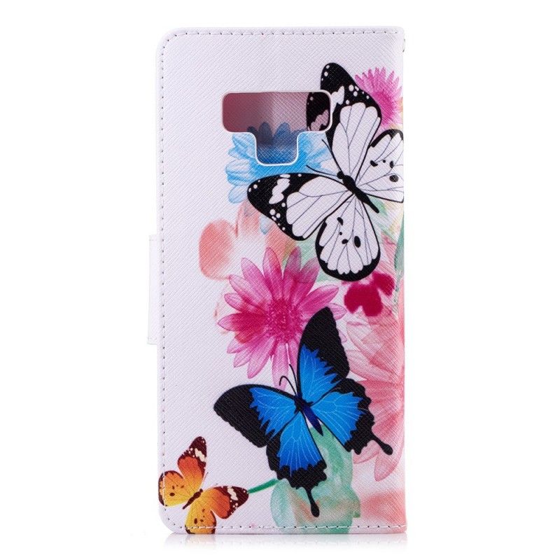 Flip Cover Læder Samsung Galaxy Note 9 Pink Malede Sommerfugle Og Blomster