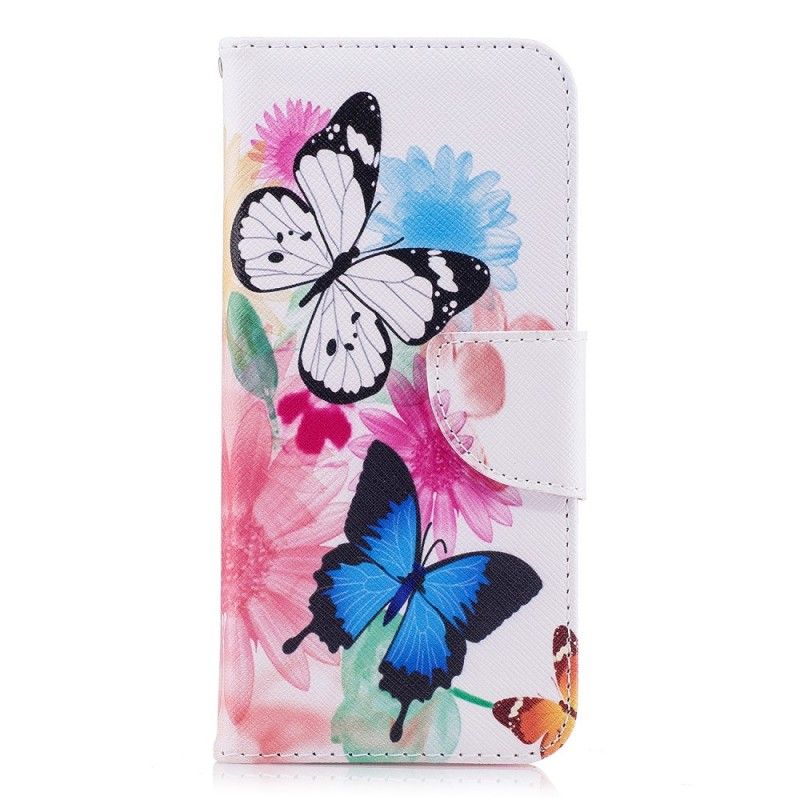 Flip Cover Læder Samsung Galaxy S9 Pink Malede Sommerfugle Og Blomster Original