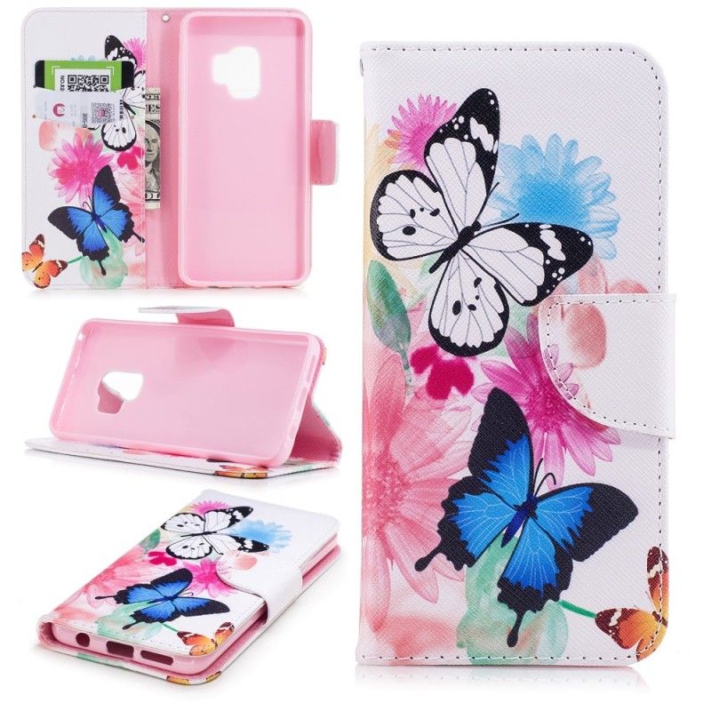 Flip Cover Læder Samsung Galaxy S9 Pink Malede Sommerfugle Og Blomster Original