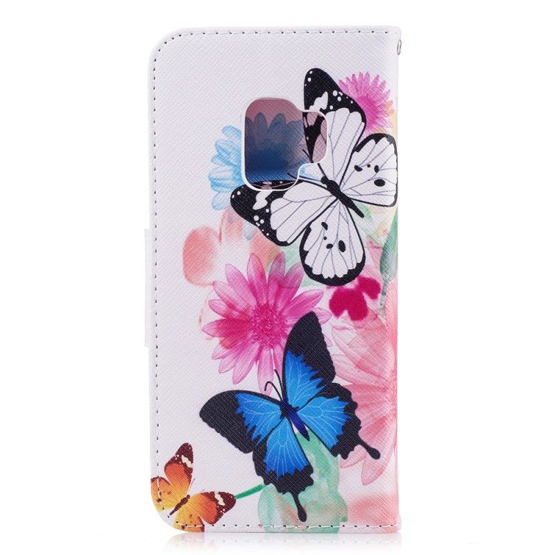 Flip Cover Læder Samsung Galaxy S9 Pink Malede Sommerfugle Og Blomster Original