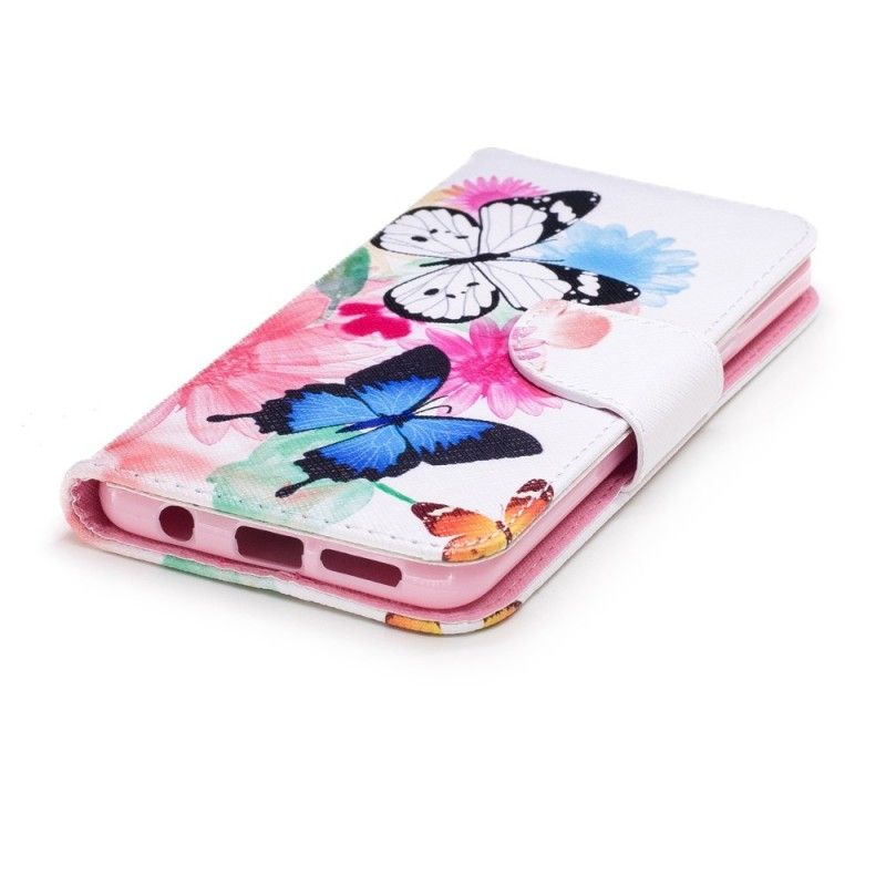 Flip Cover Læder Samsung Galaxy S9 Pink Malede Sommerfugle Og Blomster Original