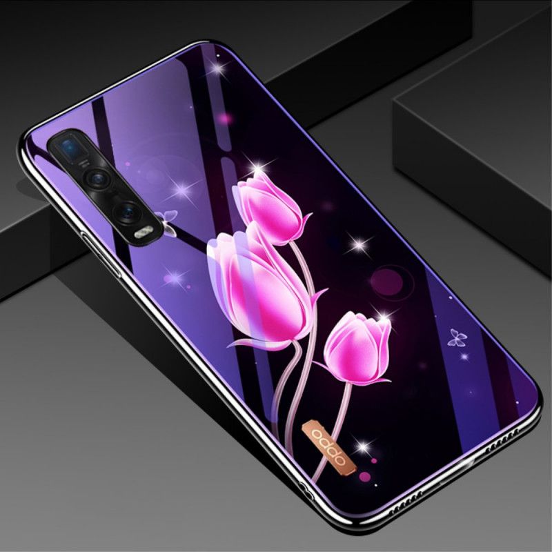 Cover Oppo Find X2 Pro Magenta Hærdet Glas Og Blomster Silikone Beskyttelse