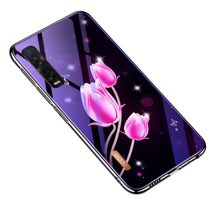 Cover Oppo Find X2 Pro Magenta Hærdet Glas Og Blomster Silikone Beskyttelse