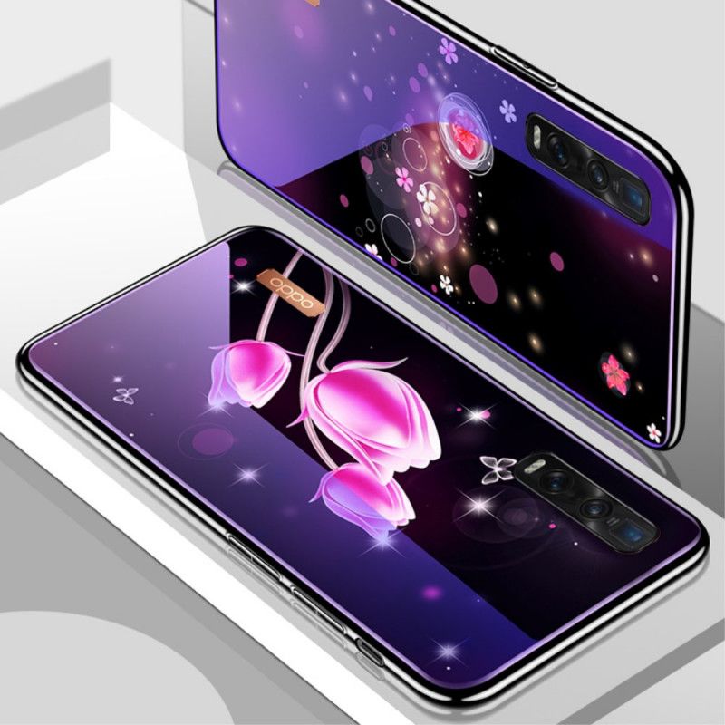 Cover Oppo Find X2 Pro Magenta Hærdet Glas Og Blomster Silikone Beskyttelse