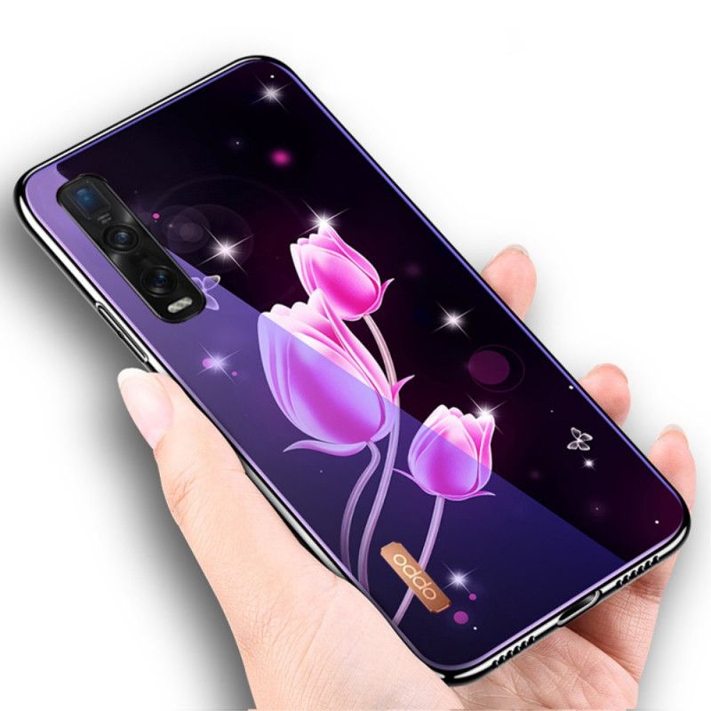 Cover Oppo Find X2 Pro Magenta Hærdet Glas Og Blomster Silikone Beskyttelse