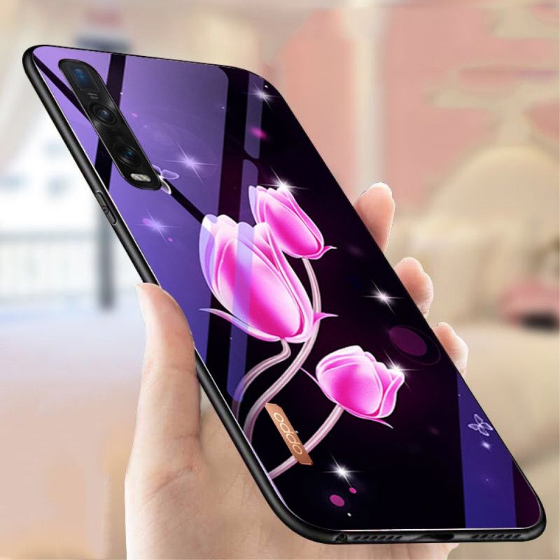 Cover Oppo Find X2 Pro Magenta Hærdet Glas Og Blomster Silikone Beskyttelse