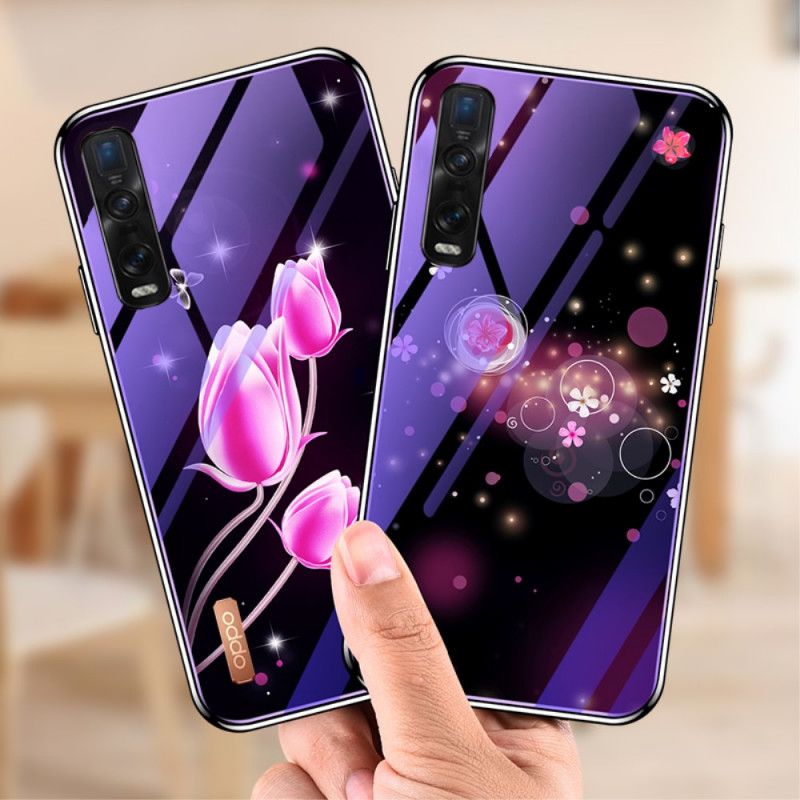 Cover Oppo Find X2 Pro Magenta Hærdet Glas Og Blomster Silikone Beskyttelse