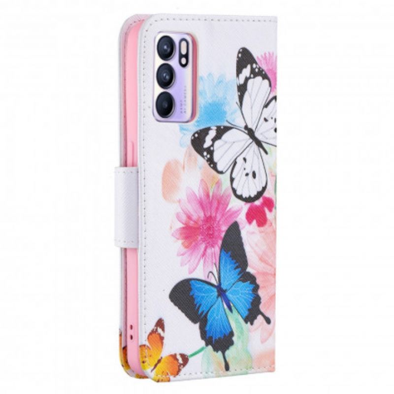 Flip Cover Oppo Reno 6 5g Malede Sommerfugle Og Blomster