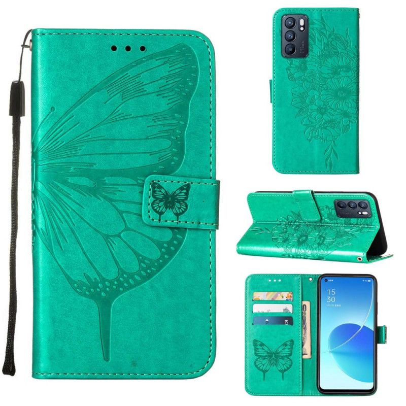 Læder Cover Oppo Reno 6 5g Telefon Etui Butterfly Design