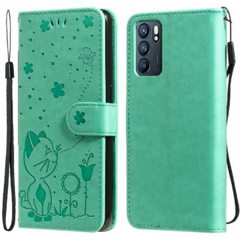 Læder Cover Oppo Reno 6 5g Telefon Etui Cat And Bee Thong