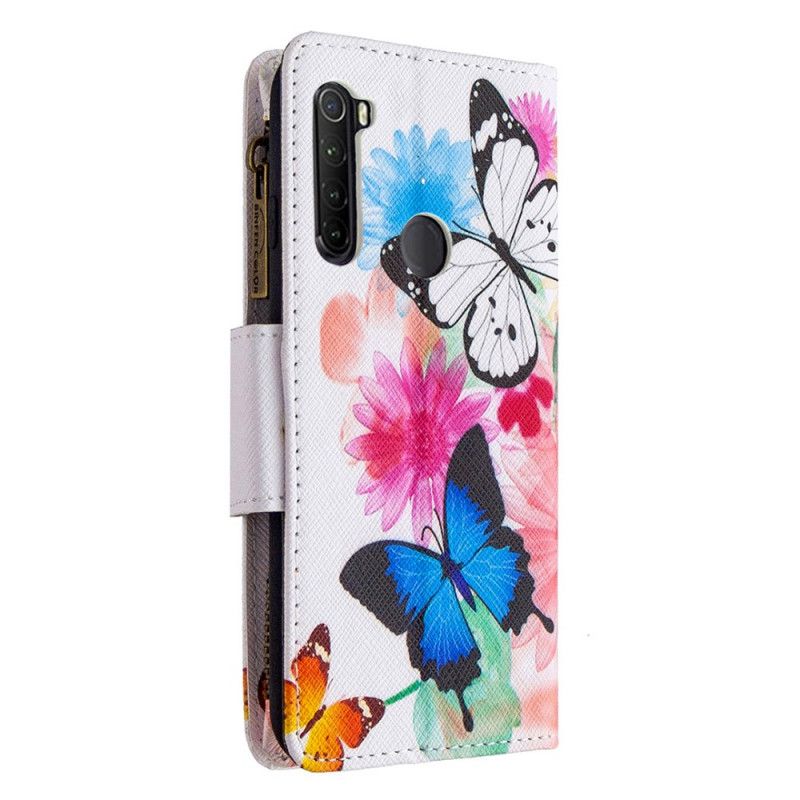 Flip Cover Læder for Xiaomi Redmi Note 8T Hvid Sommerfugl Lynlåslomme