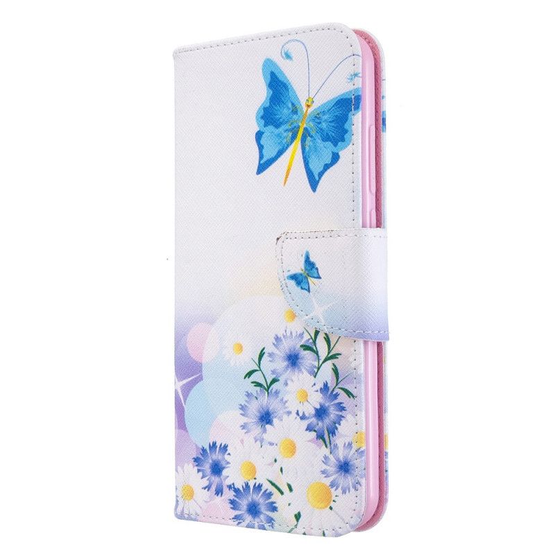 Flip Cover Læder Xiaomi Redmi Note 8T Magenta Malede Sommerfugle Og Blomster