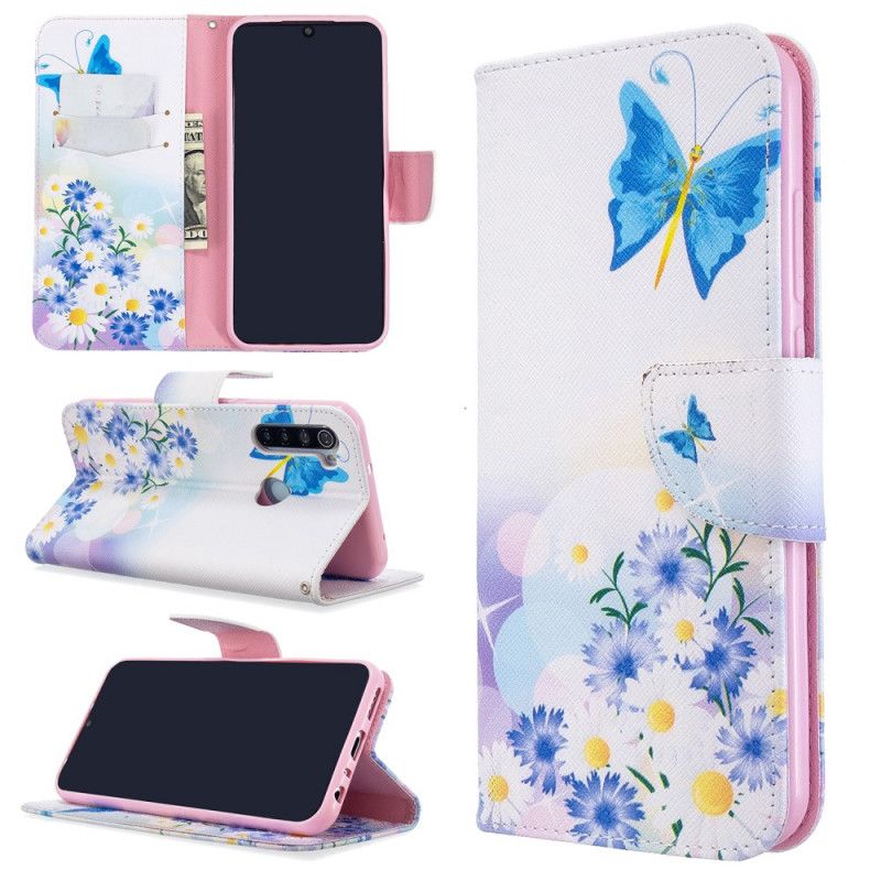 Flip Cover Læder Xiaomi Redmi Note 8T Magenta Malede Sommerfugle Og Blomster