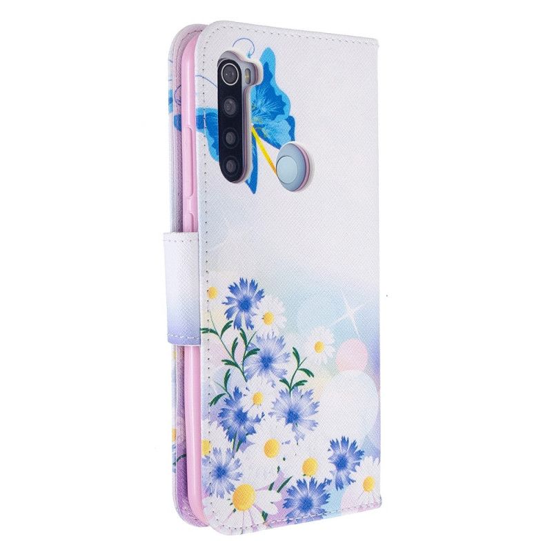 Flip Cover Læder Xiaomi Redmi Note 8T Magenta Malede Sommerfugle Og Blomster