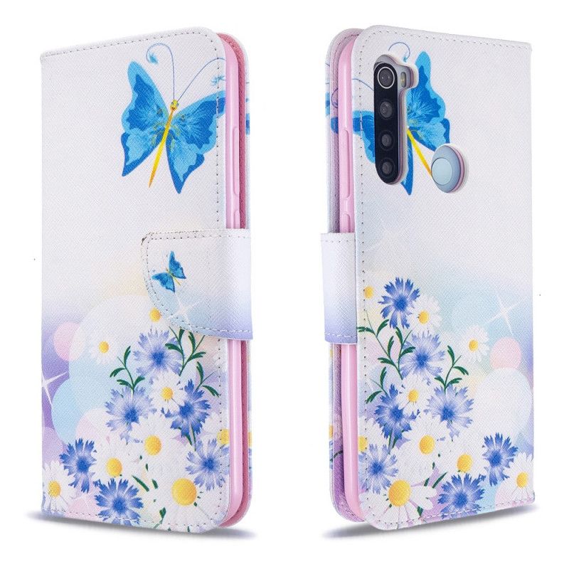 Flip Cover Læder Xiaomi Redmi Note 8T Magenta Malede Sommerfugle Og Blomster