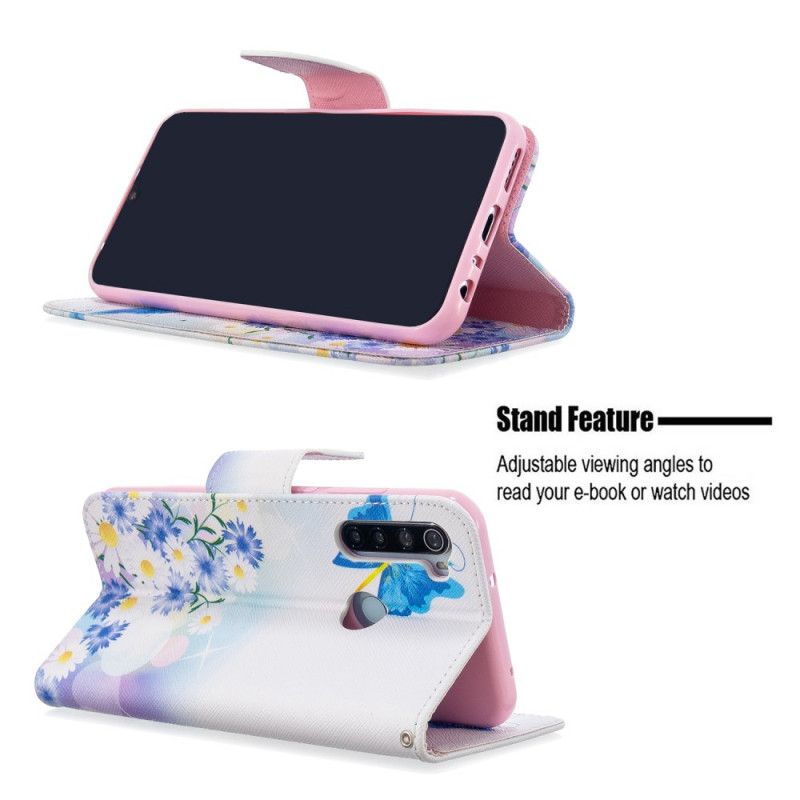 Flip Cover Læder Xiaomi Redmi Note 8T Magenta Malede Sommerfugle Og Blomster