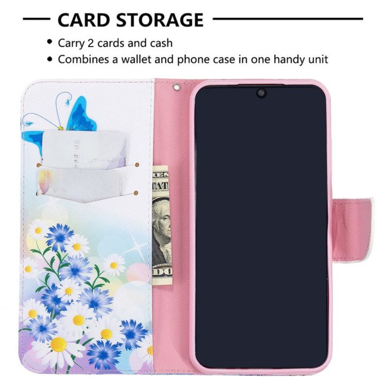 Flip Cover Læder Xiaomi Redmi Note 8T Magenta Malede Sommerfugle Og Blomster