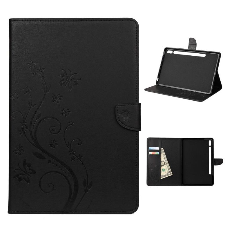 Flip Cover Samsung Galaxy Tab S7 Sort Blomster Sommerfugle