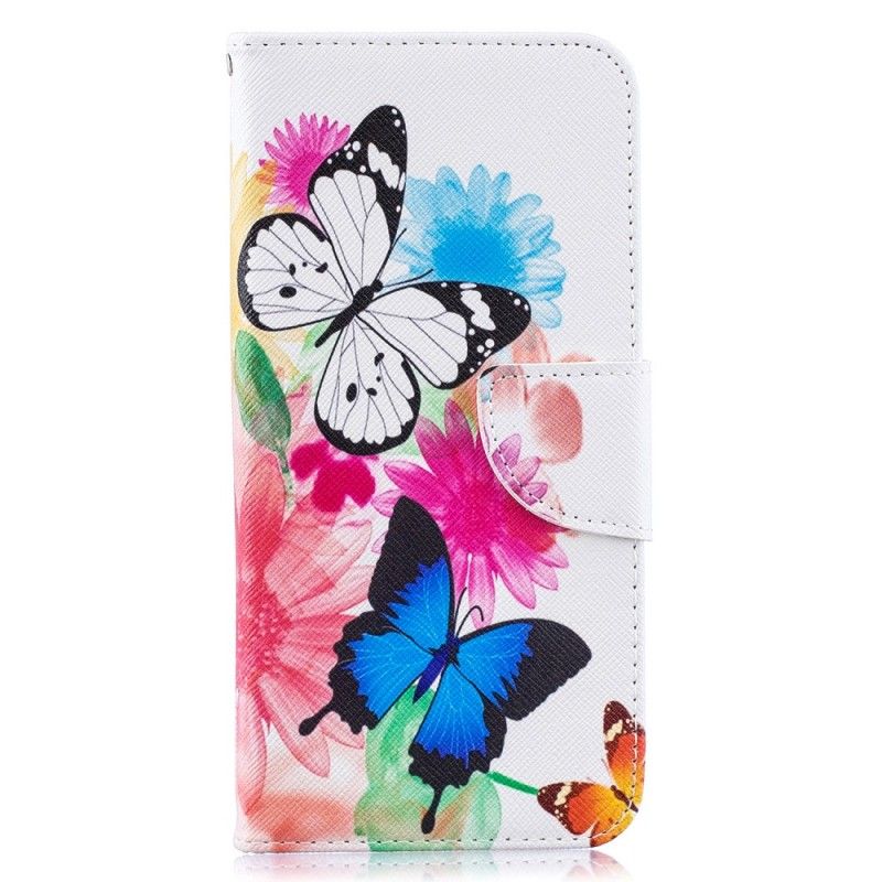 Flip Cover Læder Samsung Galaxy A50 Lyserød Malede Sommerfugle Og Blomster Original