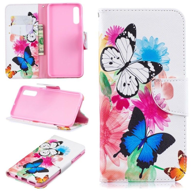 Flip Cover Læder Samsung Galaxy A50 Lyserød Malede Sommerfugle Og Blomster Original