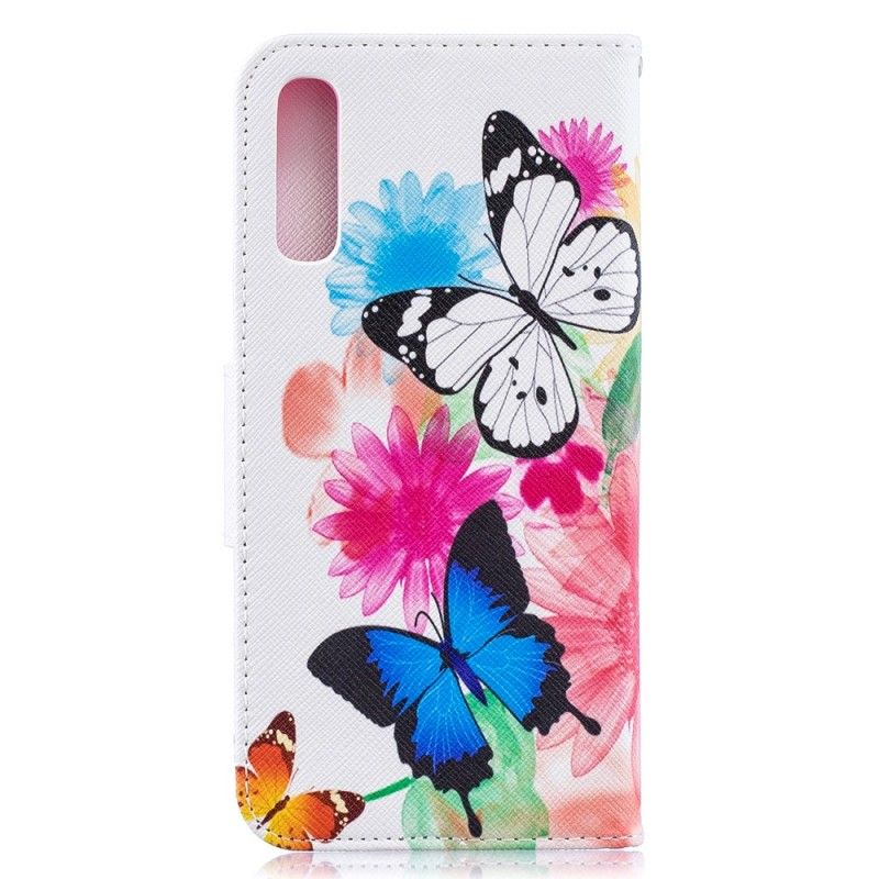 Flip Cover Læder Samsung Galaxy A50 Lyserød Malede Sommerfugle Og Blomster Original