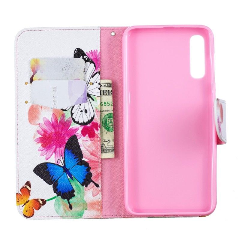 Flip Cover Læder Samsung Galaxy A50 Lyserød Malede Sommerfugle Og Blomster Original