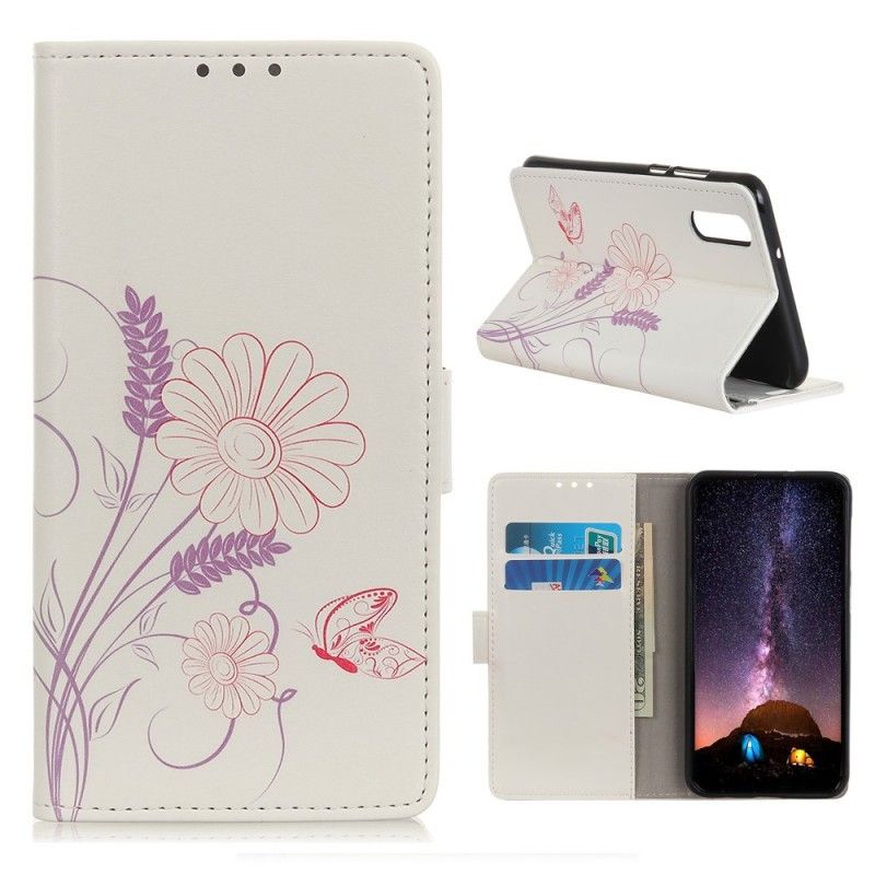 Flip Cover Læder Samsung Galaxy A50 Tegning Af Sommerfugle Og Blomster