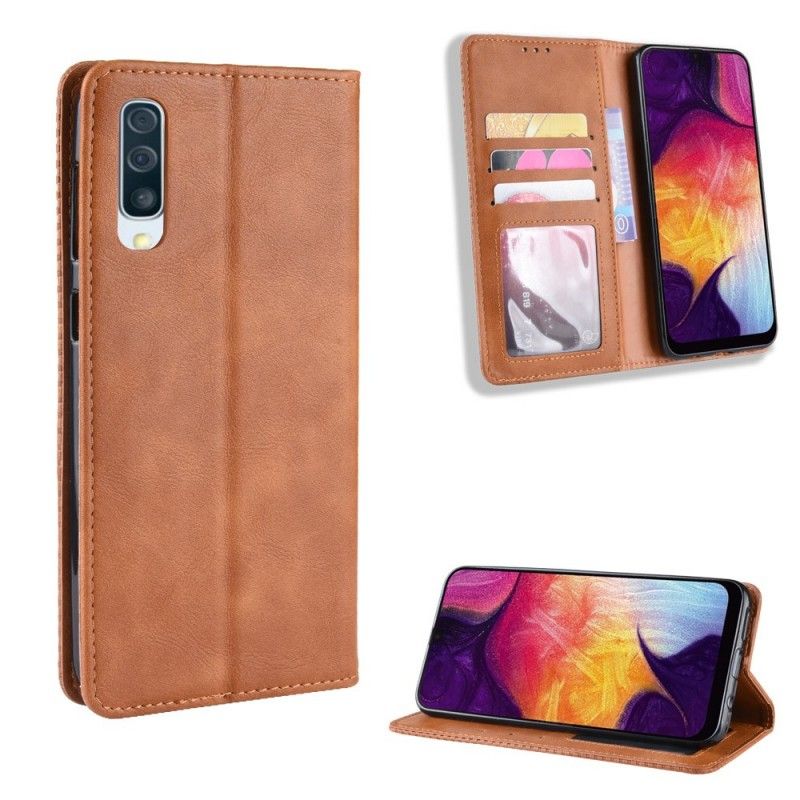 Læder Cover for Samsung Galaxy A50 Sort Stiliseret Vintage Lædereffekt