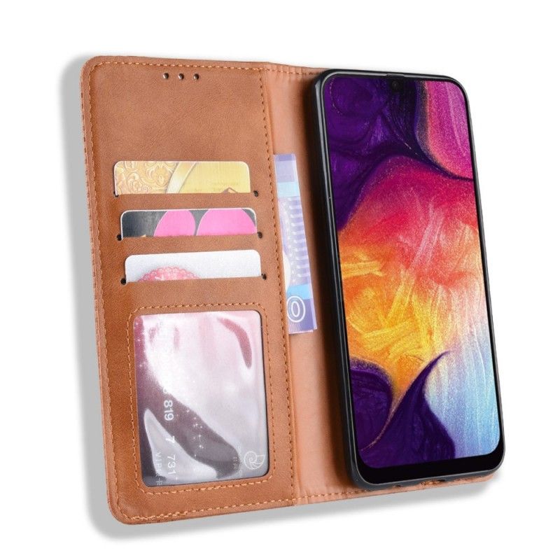 Læder Cover for Samsung Galaxy A50 Sort Stiliseret Vintage Lædereffekt