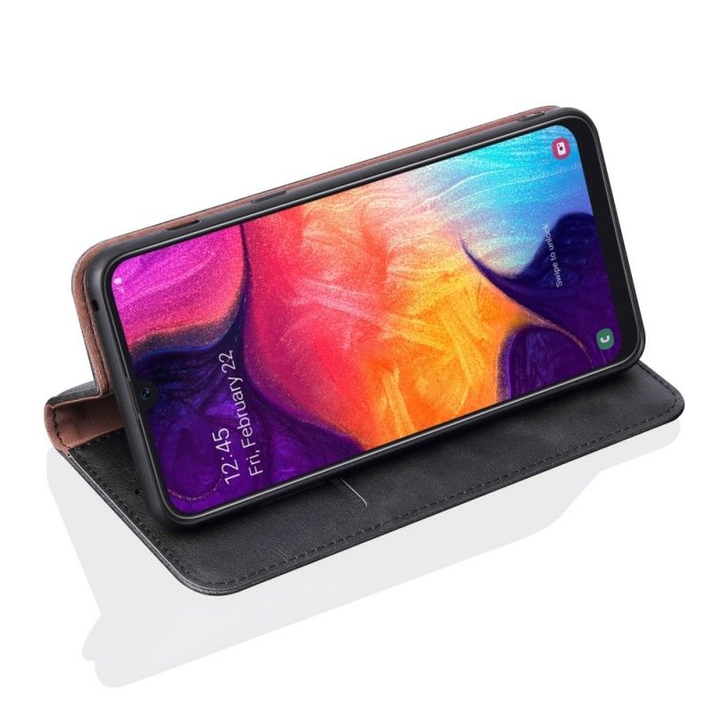 Læder Cover Samsung Galaxy A50 Sort Syet Lædereffekt Original