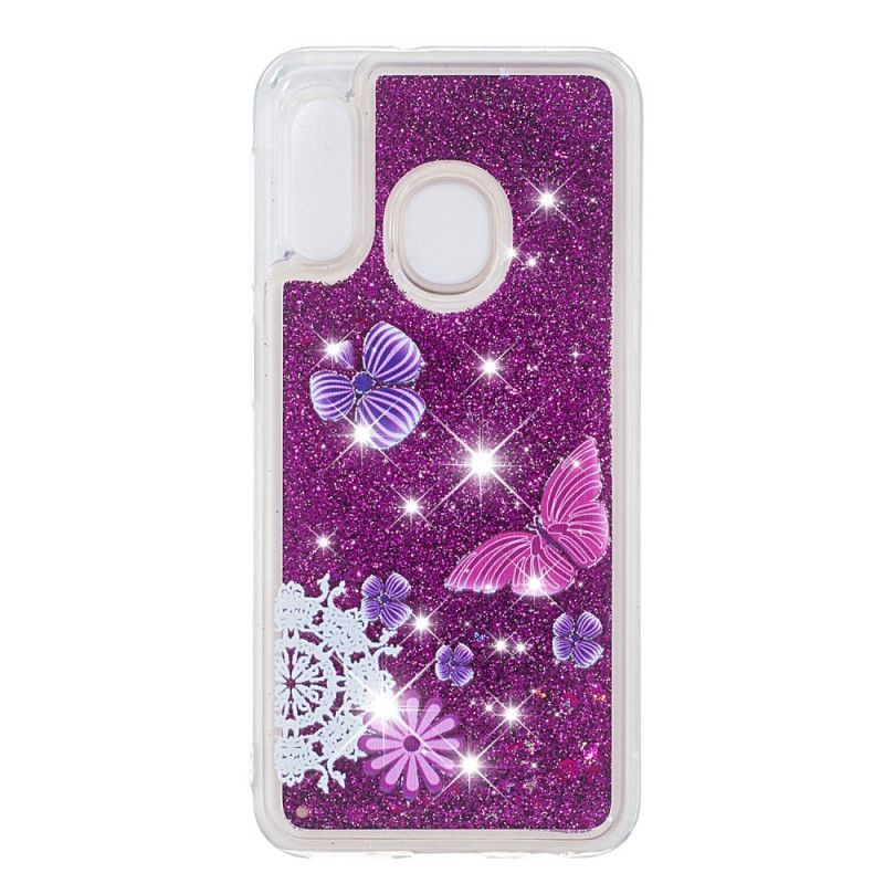 Cover for Samsung Galaxy A20e Lilla Glitter Sommerfugle