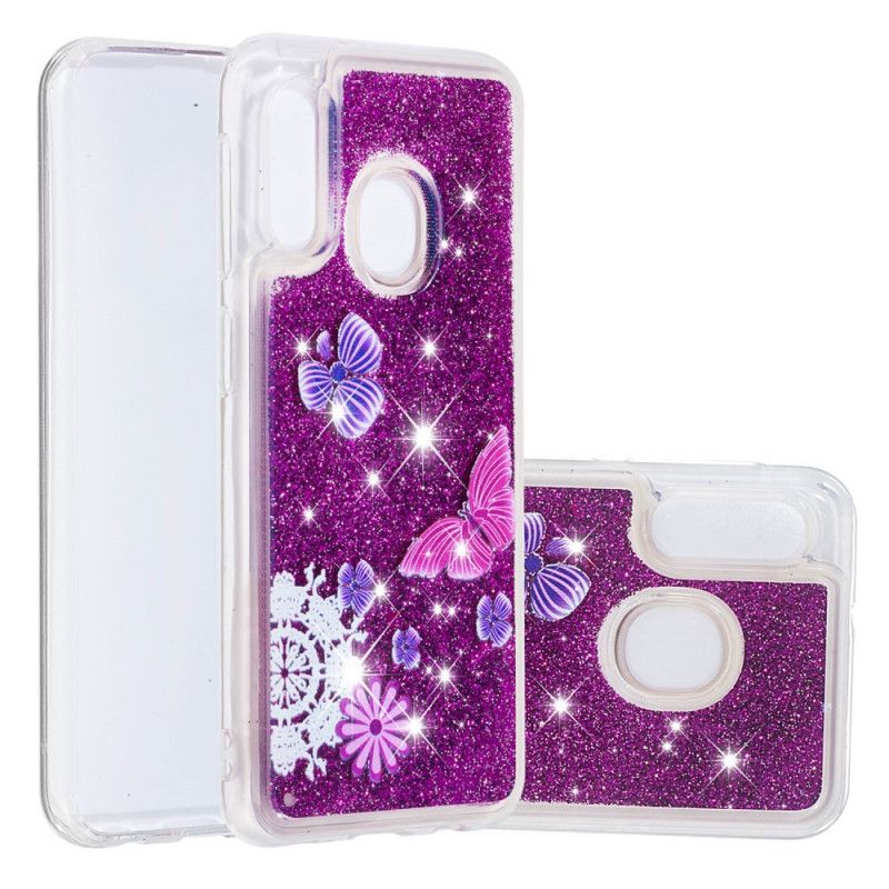 Cover for Samsung Galaxy A20e Lilla Glitter Sommerfugle