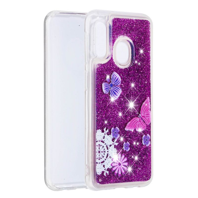 Cover for Samsung Galaxy A20e Lilla Glitter Sommerfugle