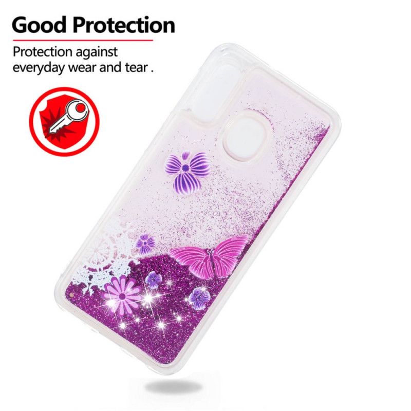 Cover for Samsung Galaxy A20e Lilla Glitter Sommerfugle