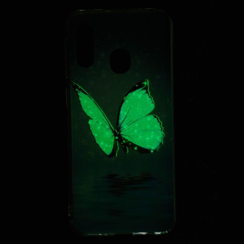 Cover Samsung Galaxy A20e Mobilcover Fluorescerende Blå Sommerfugl