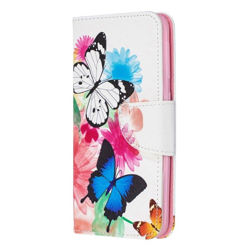 Flip Cover Læder for Samsung Galaxy A20e Magenta Malede Sommerfugle Og Blomster