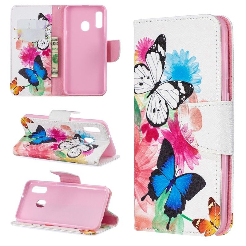 Flip Cover Læder for Samsung Galaxy A20e Magenta Malede Sommerfugle Og Blomster