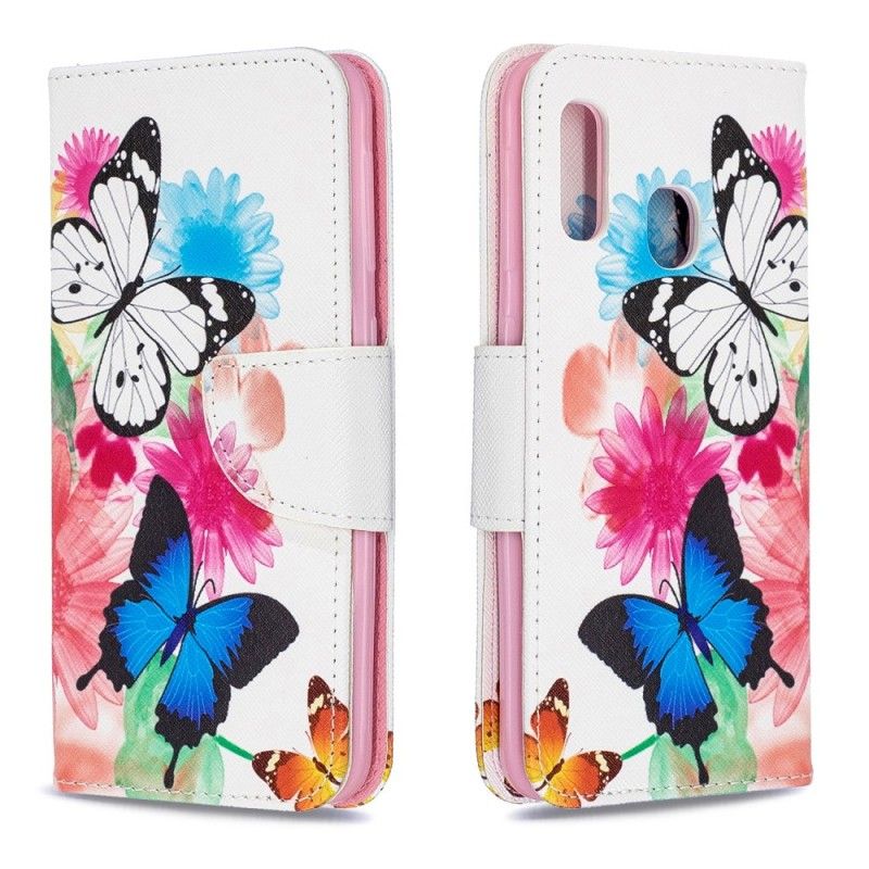 Flip Cover Læder for Samsung Galaxy A20e Magenta Malede Sommerfugle Og Blomster