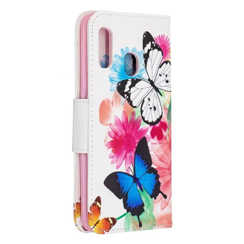 Flip Cover Læder for Samsung Galaxy A20e Magenta Malede Sommerfugle Og Blomster