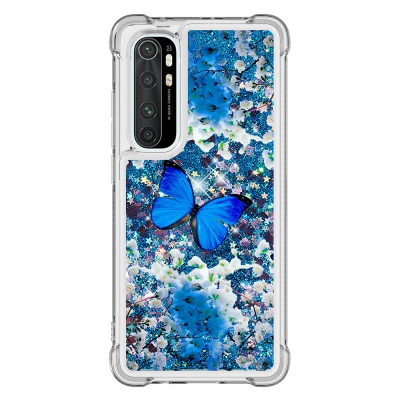 Cover Xiaomi Mi Note 10 Lite Blå Glitter Sommerfugle Beskyttelse