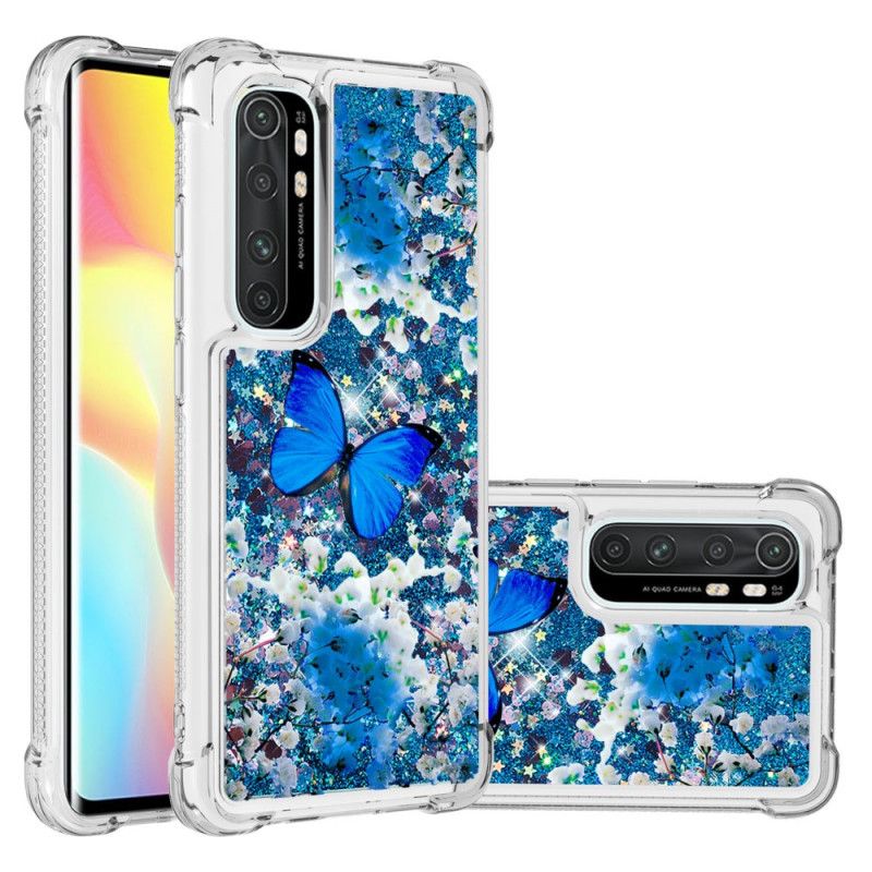 Cover Xiaomi Mi Note 10 Lite Blå Glitter Sommerfugle Beskyttelse