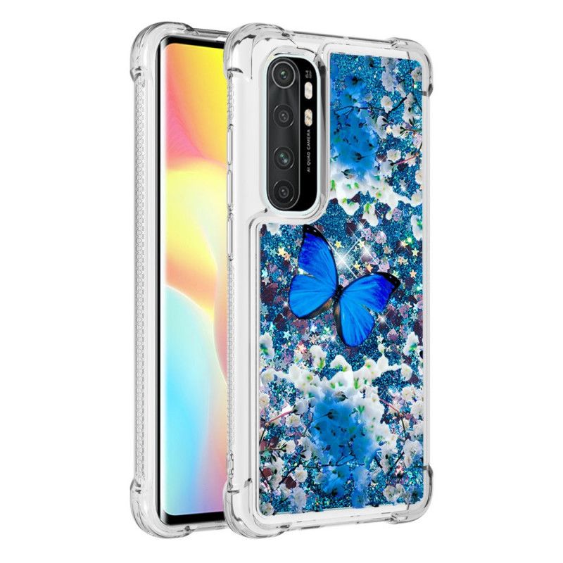 Cover Xiaomi Mi Note 10 Lite Blå Glitter Sommerfugle Beskyttelse