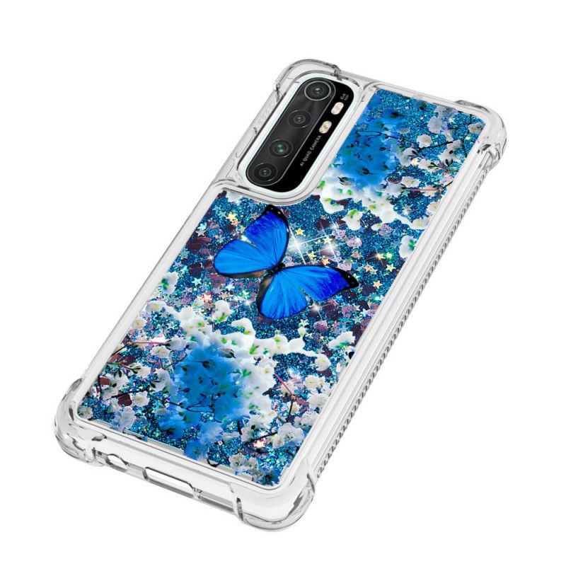 Cover Xiaomi Mi Note 10 Lite Blå Glitter Sommerfugle Beskyttelse