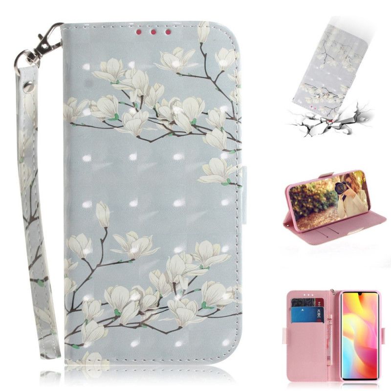 Flip Cover Læder Xiaomi Mi Note 10 Lite Blomstrende Gren Med Rem