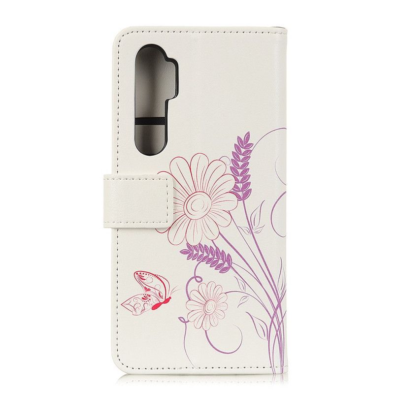 Flip Cover Læder Xiaomi Mi Note 10 Lite Tegning Af Sommerfugle Og Blomster