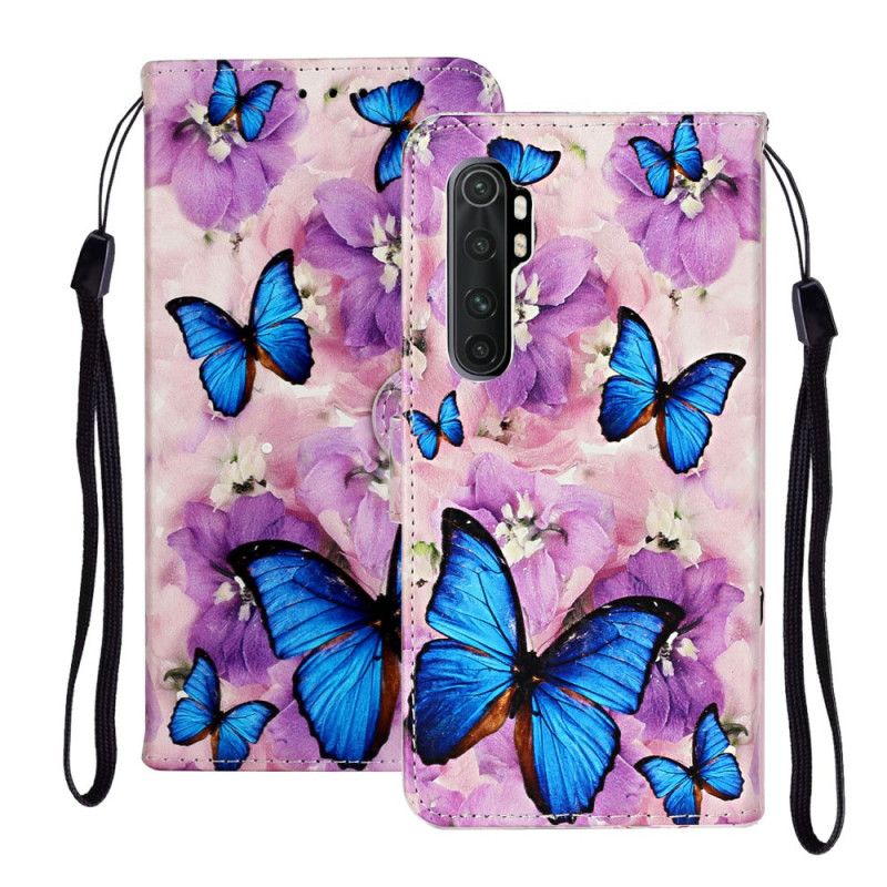 Flip Cover Xiaomi Mi Note 10 Lite Mobilcover Blå Sommerfugle I Blomsterne